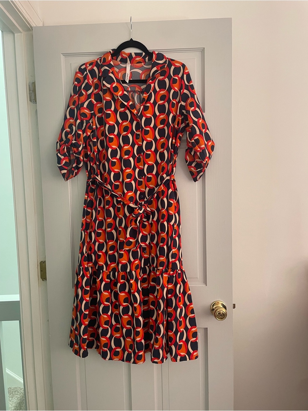 NY Collection Bold Geometric Midi Dress in Navy, Red & Orange